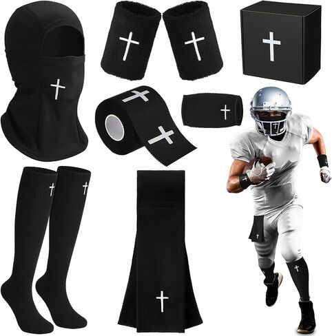 7 Pcs Faith Cross Football Towel Cotton Tube Socks Wristband Chin Strap Cover Quarterback for The Football Field - Bi-fold Hook & Loop Closure - Thin Sports Towel - Men/Youth/Adults (Cross Black) in Saudi Arabia