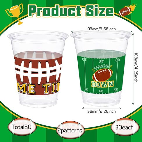 Yaomiao 60 Pieces Football Plastic Cups 12 Oz Bulk Clear Disposable Drinking Beverage Party Cups for Football Birthday Baby Shower Party Decoration Supplies (Vibrant) in Saudi Arabia