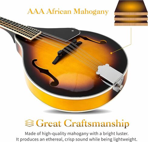 Mulucky A Style Mandolins Instrument, 8 String Acoustic Mandolin with Beginner Kit for Adults Kids, Case, Tuner, String, Picks - Sunburst in Saudi Arabia