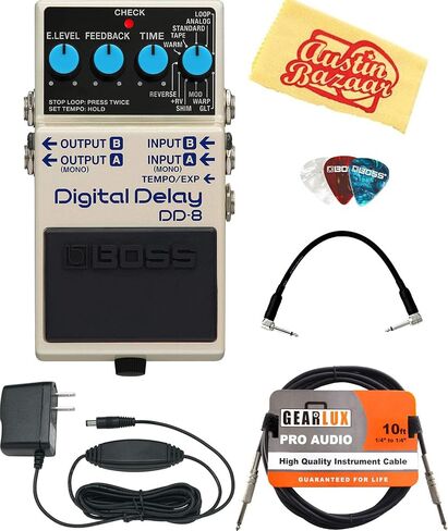 Boss DD-8 Digital Delay Bundle with Gearlux Power Supply, Instrument Cable, Patch Cable, Picks, and Austin Bazaar Polishing Cloth in Saudi Arabia