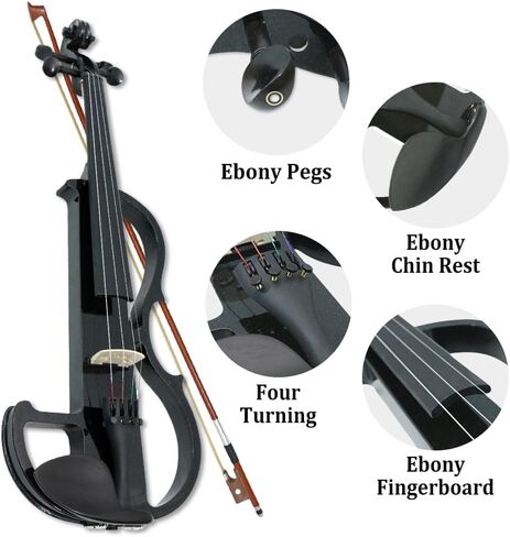 4/4 Full Size Electric Violin – Silent Electric Violin with Headphone Jack, Ebony Fittings – Includes Case, Bow, – Ideal for Practice & Performance (Black) in Saudi Arabia