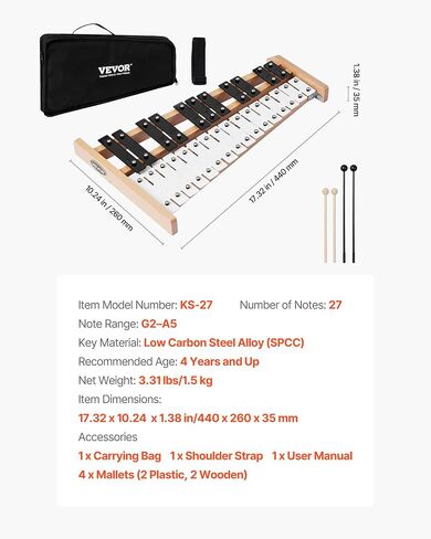 VEVOR Glockenspiel Xylophone, 27 Notes, Professional Xylophone Percussion Instrument, with Metal Keys, Includes 4 Mallets, Carrying Bag, Beginner Musical Instrument for Adults and Kids Music Teaching in Kuwait