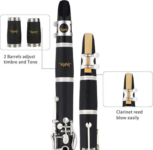 Bb Clarinet For Beginners Students B Flat Clarinet 17 Keys Clarinets with Case Stand Strap 2 Barrels 8 Mouthpiece Cushion White Gloves Cleaning Kit (Black) in Kuwait