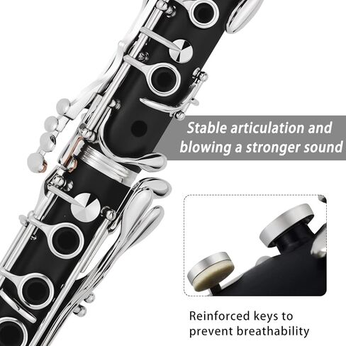 Bb Clarinet For Beginners Students B Flat Clarinet 17 Keys Clarinets with Case Stand Strap 2 Barrels 8 Mouthpiece Cushion White Gloves Cleaning Kit (Black) in Kuwait