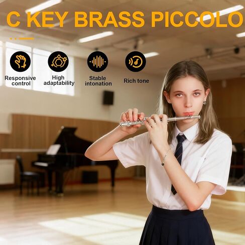Kmise Closed Hole C Piccolo، هيكل فضي من النيكل الاحترافي مع لمسة نهائية برونزية، يتضمن حقيبة أزعج، مجموعة يدوية وتنظيف، للمبتدئين والأشرطة المدرسية (مطلي بالنيكل) in Kuwait