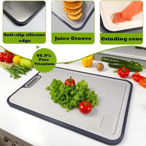 100% Pure Titanium Cutting Board, 2 in 1 Titanium Cutting Boards for Kitchen, Dishwasher Safe Cuttings Boards Double Sided with Juice Groove, Non-slip Wheat Straw PP Chopping Board, 15.2"×10.4" in Saudi Arabia