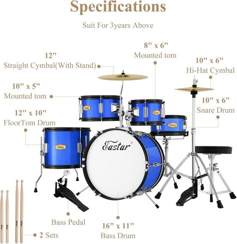 Drum Set Eastar 16 inch 5-Piece, Junior Drum Kit for Beginners Kids Teenagers with Adjustable Throne and Cymbal, Pedal & Drumsticks, Metallic Black (EDS-350MBK) in Saudi Arabia