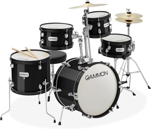 مجموعة طبول المبتدئين المكونة من 5 قطع من Gammon Percussion مع الصنج والأجهزة والعصي والعرش - أسود in Kuwait
