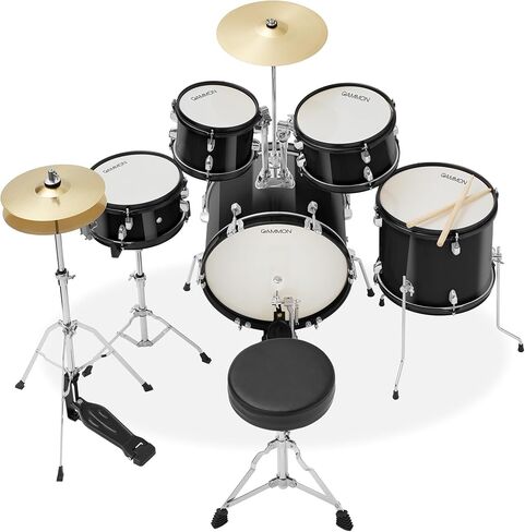 مجموعة طبول المبتدئين المكونة من 5 قطع من Gammon Percussion مع الصنج والأجهزة والعصي والعرش - أسود in Kuwait