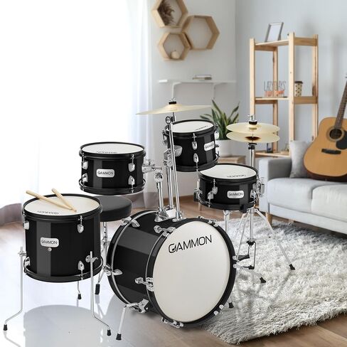 مجموعة طبول المبتدئين المكونة من 5 قطع من Gammon Percussion مع الصنج والأجهزة والعصي والعرش - أسود in Kuwait