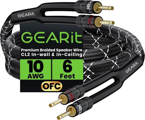 GearIT 10AWG Speaker Cable Wire with Gold-Plated Banana Tip Plugs (10 Feet) in-Wall CL2 Rated, Heavy Duty Braided, 99.9% Oxygen-Free Copper (OFC) - Black in Saudi Arabia