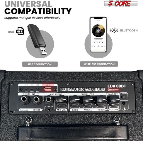 مضخم صوت طبلة بلوتوث 5 كور 80 وات - مكبر صوت 8 بوصات مع شاشة E-Drum مع USB، 3 نطاقات EQ، مدخل Aux وميكروفون للوحة المفاتيح، الطبول الكهربائية، التدريب، الاستوديو - EDA 80W BT in Saudi Arabia