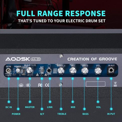 AODSK 35W Professional Electronic Drum Amplifier | Dual Speakers (8" Woofer + 2" Tweeter) | Compatible with Keyboard/Bass/Synthesizer | AUX Input + Recording Output | Treble/Mid Control in Kuwait