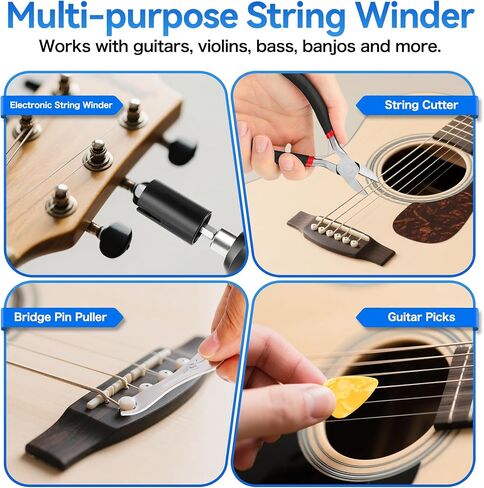 200RPM Electric String Winder,Rechargeable Automatic Guitar Winding Tuner for Stringed Instrument,Guitar Tool Set with LED Light,String Cutter,Bridge Pin Puller,10 Screwdriver Bits,6 Guitar Picks in Saudi Arabia
