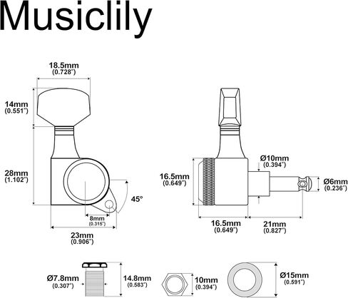 Musiclily Pro 6-in-line 18:1 Ratio Full Sealed Locking Machine Heads Tuners Tuning Pegs Keys with Hex Button 45 Degree Screw for Strat Tele Style Electric Guitar, Chrome in Saudi Arabia
