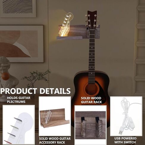 Guitar Wall Mount Guitar Hanger Wall Mount Bass Stand Light Up Guitar Pick Wood Hanging with LED Acrylic Guitar Pick Display USB-Powered Guitar Accessories - Gift for Men, Music Lovers Guitar Players in Saudi Arabia