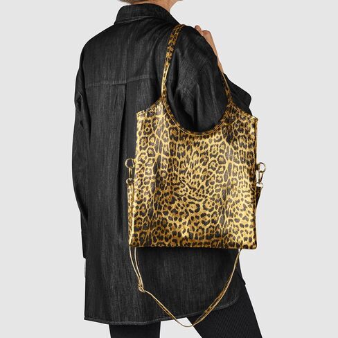 Italian Genuine Metallic Suede Tote Bag for Women with Leopard Print & Zipper | Soft Vertical Medium Leather Purse in Kuwait