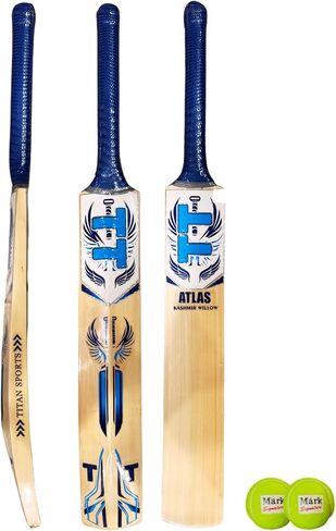 Titan Grade 1 Kashmir Willow Atlas Cricket Bat, Premium Handcraft Design, Rubber Grip, Concave Back Profile, Semi-Round Bottom, Full Size, Two Heavy Tennis Balls Free - Grade 1 Willow Cricket Bat in Saudi Arabia