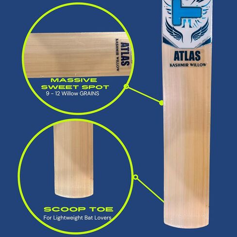 Titan Grade 1 Kashmir Willow Atlas Cricket Bat, Premium Handcraft Design, Rubber Grip, Concave Back Profile, Semi-Round Bottom, Full Size, Two Heavy Tennis Balls Free - Grade 1 Willow Cricket Bat in Saudi Arabia