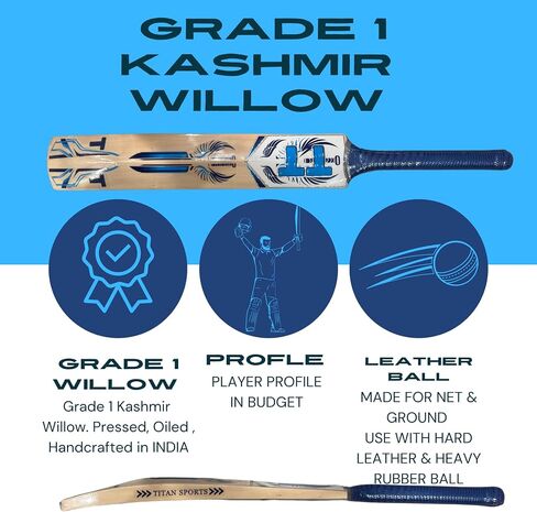 Titan Grade 1 Kashmir Willow Atlas Cricket Bat, Premium Handcraft Design, Rubber Grip, Concave Back Profile, Semi-Round Bottom, Full Size, Two Heavy Tennis Balls Free - Grade 1 Willow Cricket Bat in Saudi Arabia