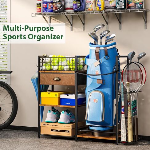 منظم تخزين حقيبة الجولف لتنظيم المرآب، حامل حقيبة الجولف لملحقات حقيبة الجولف، رف جولف واسع لنوادي الجولف وأساسيات الجولف، هدايا جولف مثالية للرجال (يناسب حقيبتين جولف) in Kuwait