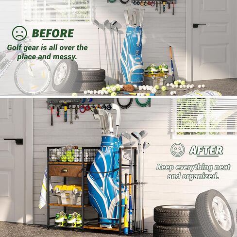 منظم تخزين حقيبة الجولف لتنظيم المرآب، حامل حقيبة الجولف لملحقات حقيبة الجولف، رف جولف واسع لنوادي الجولف وأساسيات الجولف، هدايا جولف مثالية للرجال (يناسب حقيبتين جولف) in Kuwait