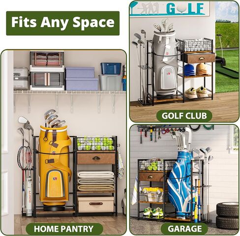 منظم تخزين حقيبة الجولف لتنظيم المرآب، حامل حقيبة الجولف لملحقات حقيبة الجولف، رف جولف واسع لنوادي الجولف وأساسيات الجولف، هدايا جولف مثالية للرجال (يناسب حقيبتين جولف) in Kuwait