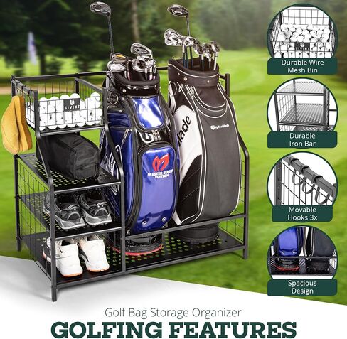 Golf Bag Organizer, Golf Storage Organizer for Garage and Golfing Equipment Rack, Fits 2 Golf Bags, Golf Bag Rack Stand Holder for Garage Shed and Basement in Saudi Arabia