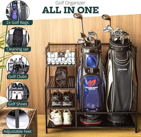 Golf Bag Organizer, Golf Storage Organizer for Garage and Golfing Equipment Rack, Fits 2 Golf Bags, Golf Bag Rack Stand Holder for Garage Shed and Basement in Saudi Arabia