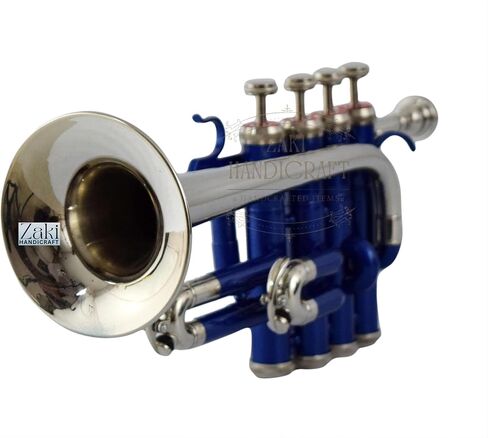 Bb Piccolo Trumpet 4 صمامات نحاسية | لمسة نهائية بلون النيكل الأزرق من Bb Pitch Piccolo Trumpet مثالية للطلاب والمبتدئين | مع حافظة صلبة مجانية وقطعة فم وقفازات وقطعة قماش للتنظيف in Kuwait