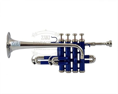 Bb Piccolo Trumpet 4 صمامات نحاسية | لمسة نهائية بلون النيكل الأزرق من Bb Pitch Piccolo Trumpet مثالية للطلاب والمبتدئين | مع حافظة صلبة مجانية وقطعة فم وقفازات وقطعة قماش للتنظيف in Kuwait