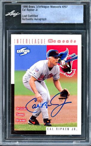 Cal Ripken Jr. Autographed 1998 Score Interleague Moments Card #257 Baltimore Orioles Leaf SKU #243523 - MLB Autographed Baseball Cards in Saudi Arabia