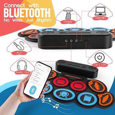 Electric Drum Set 9-Pad, Portable Roll-up Drum Pad USB MIDI, Built-in Speaker, Drum Sticks, Drum Set Foot Pedals Great Holiday Christmas Birthday Gift for Kids Adults in Saudi Arabia