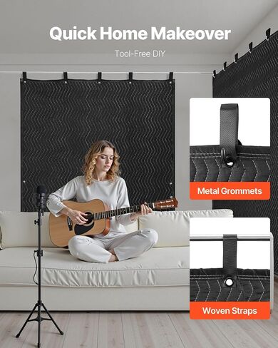 VEVOR Sound Dampening Blankets, Soundproof Curtains with 80 x 48 in, Soundproof Blanket with Grommets, Studio Grommeted Blanket, for Window, Door, Light Blocker, Music Recording, Black in Saudi Arabia