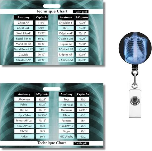 Radiology Tech Student Essentials Badge Buddy - Double-Sided Xray Technique Chart Card with kVp/mAs - Rad Tech Quick Reference Guide for Clinicals in Saudi Arabia