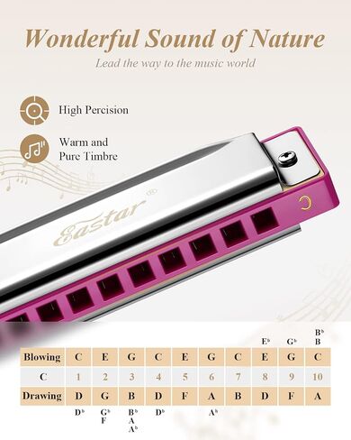 Eastar Major Blues Diatonic Harmonica, 10 Holes C Key Beginner for Kids Children Adults Students, with Hard Case and Cloth, Pink in Saudi Arabia