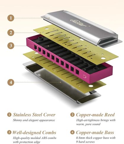 Eastar Major Blues Diatonic Harmonica, 10 Holes C Key Beginner for Kids Children Adults Students, with Hard Case and Cloth, Pink in Saudi Arabia