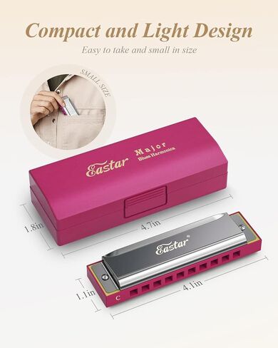 Eastar Major Blues Diatonic Harmonica, 10 Holes C Key Beginner for Kids Children Adults Students, with Hard Case and Cloth, Pink in Saudi Arabia