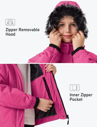 Girls Winter Coats with Removable Hood Waterproof Windproof Warm Fleece Zip Up Outerwear Jackets with Zip Pockets in Saudi Arabia