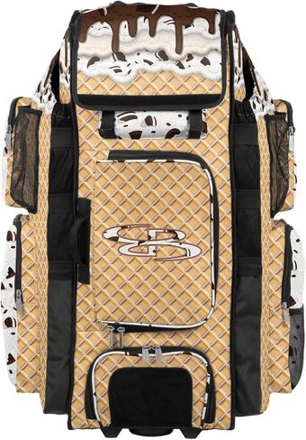 Boombah Superpack XL Rolling Bat Bag - 36" x 16" x 23.5" - Telescopic Handle - Holds 8 Bats - Wheeled Version - Ice Cream Cookies N Creme Gold/Brown/Arctic Gray in Saudi Arabia