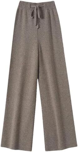 Women High Waist Wool Wide Leg Pants Solid Soft Warm Trousers Wool Knitted Trousers Belt Casual Pants in Saudi Arabia