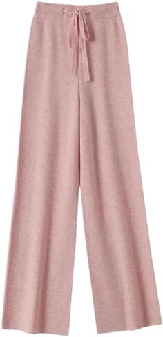 المرأة عالية الخصر الصوف واسعة الساق السراويل الصلبة الناعمة الدافئة السراويل الصوف محبوك السراويل حزام السراويل غير رسمية in Kuwait