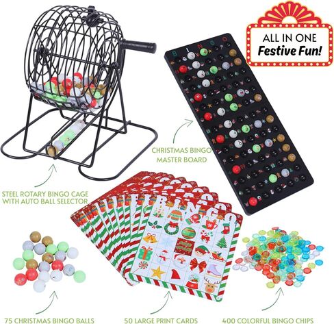 Deluxe Christmas Bingo Set - 8 Inch Metal Cage with Random Ball Selector, 50 Holiday Bingo Cards. Perfect for Family Game Nights, Christmas Parties, Large Groups & Senior Activities. in Saudi Arabia