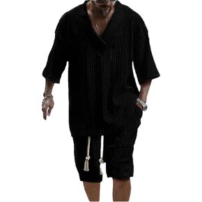Men's Summer Casual Shorts Set Knitted Two Piece V-Neck Short Sleeve T-Shirt and Shorts Knit Outfits in Saudi Arabia