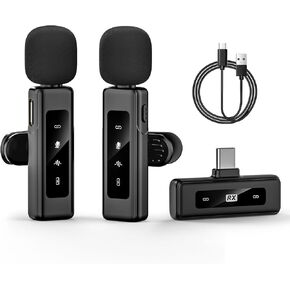 ميكروفون Lavalier لاسلكي لـ USB-C، ميكروفون بمشبك التوصيل والتشغيل مع تقليل الضوضاء النشط، عمر بطارية طويل، توافق واسع مع iPhone 15/Android/PC/Vlog/YouTube in Kuwait