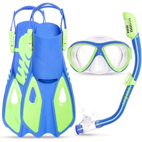 Snorkeling Gear for Kids Ages 5-15, 4 in 1 Mask Fins Snorkel Set with HD Tempered Glass Panoramic View Anti-Fog Mask, Dry Top Snorkel, Adjustable Trek Fins, and Mesh Bag, Kids Snorkel Set for Youth in Saudi Arabia