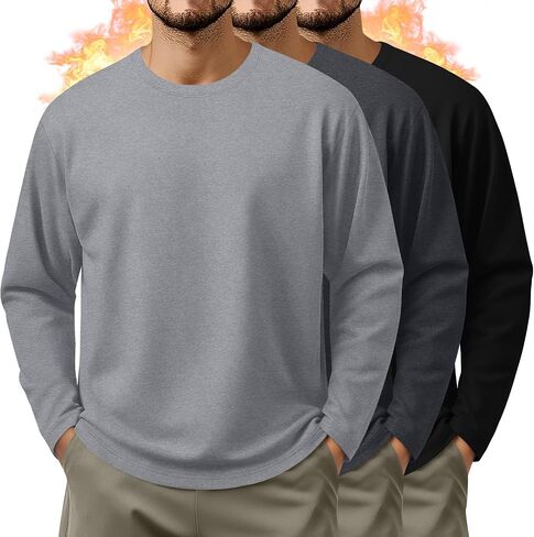 3 Pcs Mens Big and Tall Thermal Shirts Long Sleeve Crew Neck Base Layer Casual Fleece Plus Size Warm Sweatshirts in Saudi Arabia