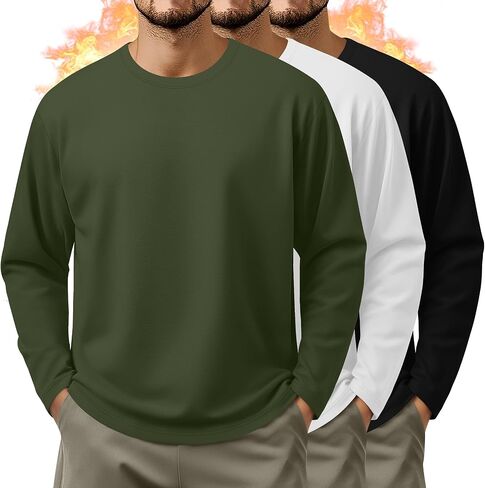 3 Pcs Mens Big and Tall Thermal Shirts Long Sleeve Crew Neck Base Layer Casual Fleece Plus Size Warm Sweatshirts in Saudi Arabia