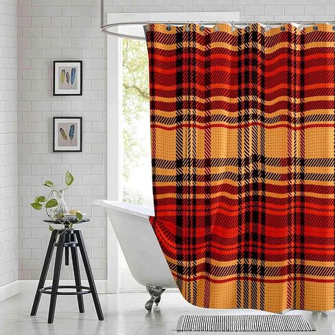 Autumn Plaid Collection Polyester Shower Curtain, Orange Red Black Tartan Pattern, 72x78 Inches, Waterproof, Rod Pocket Design, Machine Washable, Bathroom Decor in Saudi Arabia