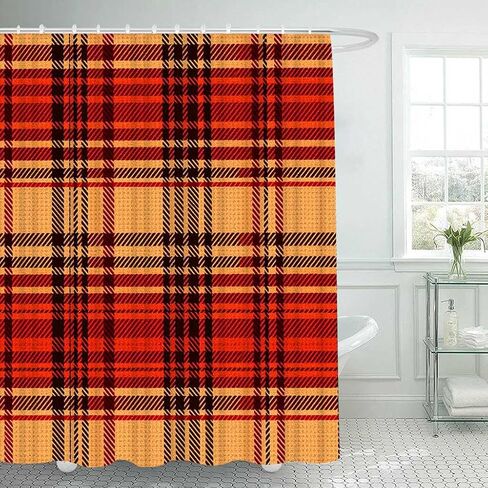 Autumn Plaid Collection Polyester Shower Curtain, Orange Red Black Tartan Pattern, 72x78 Inches, Waterproof, Rod Pocket Design, Machine Washable, Bathroom Decor in Saudi Arabia